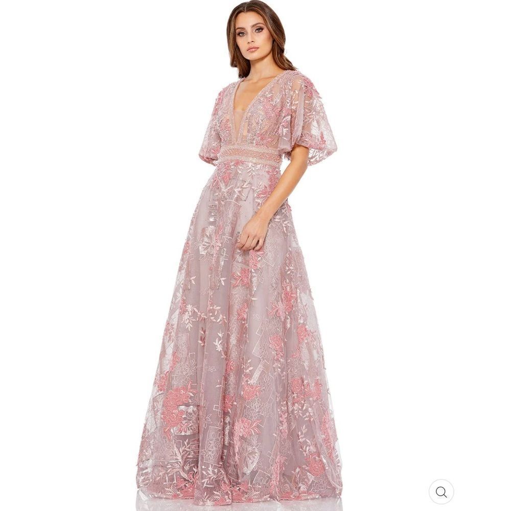 Mac Duggal Size 18 Pink Embroidered Floral V Neck Maxi Dress Gown